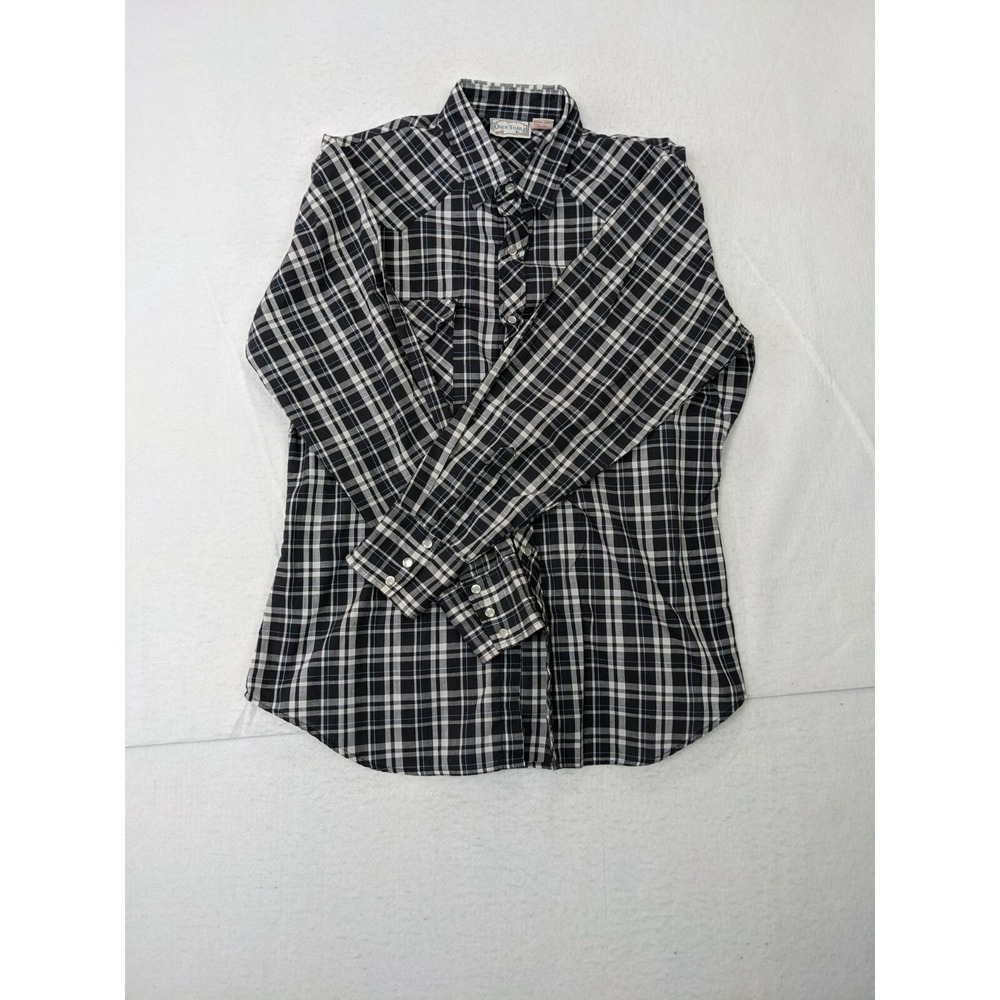 Open Trails Mens Shirt Sz‎ L Plaid Black White Polyester Blend